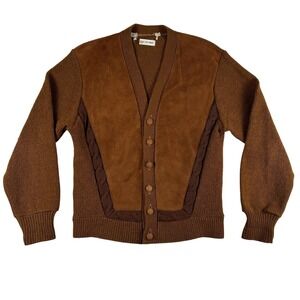 Vtg Cardigan Mens Medium Wool Suede Front Kurt Cobain Suede Button Knit 70s 60s